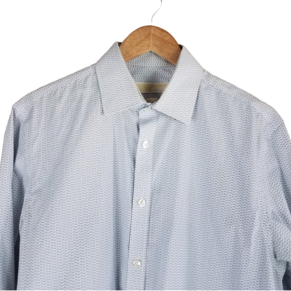Michael Kors Blue Geometric Abstract Print Button Up Long Sleeve Dress Shirt - Picture 3 of 9